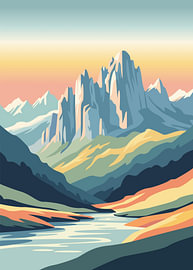 Eine majestätische Berglandschaft mit einem ruhigen Fluss, dramatischen Gipfeln und einem pastellfarbenen Himmel als flache Vektorillustration. von Adam Khabibi