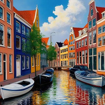 Kleurrijke Utrecht Grachtenpand Schilderij van ComfortQ