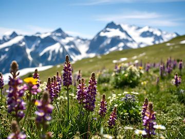 Alpine bloemenweide voor besneeuwde bergen van ButterflyPix