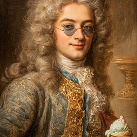 Barocker Herr mit Brille und Eiscreme - Humorvolles Gemälde von Peter Pen Zeichnungen und Gemälde