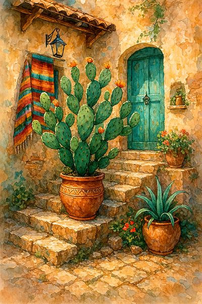 Patio ensoleillé au Mexique (AI) (cactus, vieille porte, terre cuite, maison en pierre, escalier, peinture) par Natalie Bruns