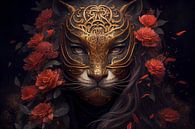 Surrealism tiger with golden mask and red flowers by Digitale Schilderijen thumbnail