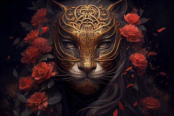 Surrealisme tijger met gouden masker en rode bloemen van Digitale Schilderijen