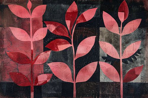 Abstracte kunst met rode bladeren op zwart