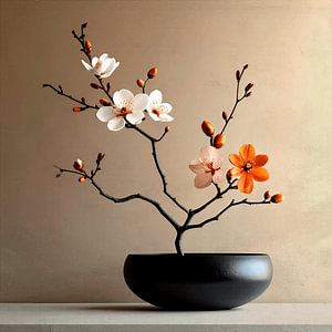 Nature morte sereine  avec une fleur japonaise dans un bol minimaliste