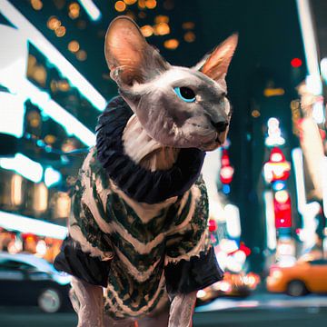 Spynx cat with warm sweater on street in New York at night by Maud De Vries