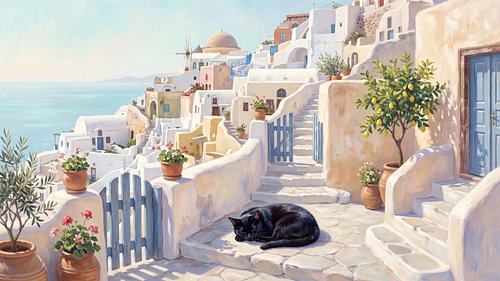 Un chat paisible à Santorin