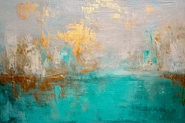 Abstract, turquoise, wit en goud van Joriali Abstract