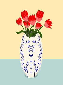 Tulpen in Delfts blauwe vaas van Linda van Moerkerken
