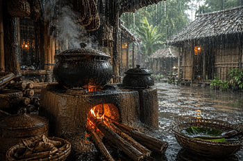 Pluie battante sur un poêle traditionnel en argile | Indonésie | Récupération des eaux de pluie