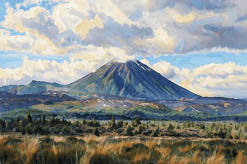 'The Cloud Factory': a modern landscape painting of Mount Taranaki in New Zealand
