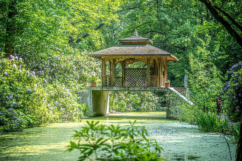 Pavilion on bridge over pond by Michael Gornig