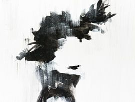 Woman with hat (black and white acrylic paint) by Henriëtte Mosselman