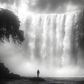 man bij waterval met boom van Egon Zitter