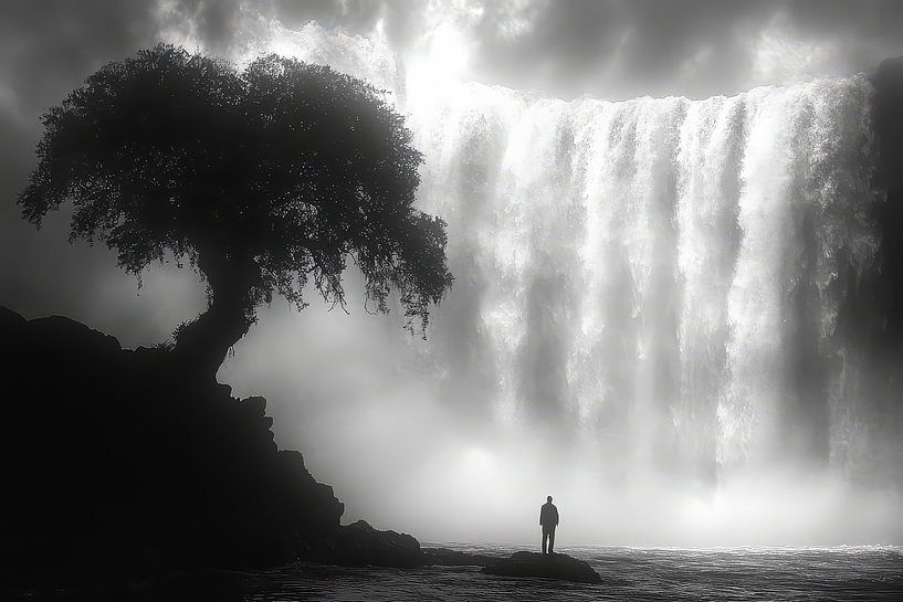 Mann am Wasserfall mit Baum von Egon Zitter