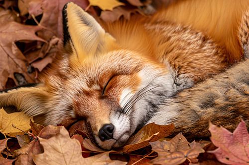 Slapende vos tussen herfstbladeren