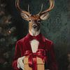 Klassisches Weihnachtsporträt eines Hirsches in rotem Kostüm mit Geschenk, Renaissance-Atmosphäre und warmer Eleganz von But First Framing