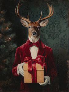 Klassisches Weihnachtsporträt eines Hirsches in rotem Kostüm mit Geschenk, Renaissance-Atmosphäre und warmer Eleganz