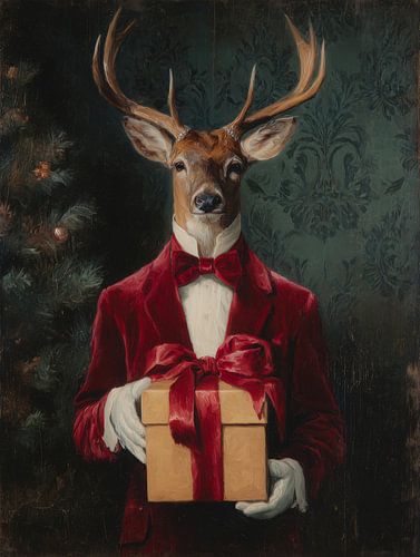 Portrait classique de Noël d'un cerf en costume rouge avec cadeau, ambiance renaissance et élégance chaleureuse sur But First Framing