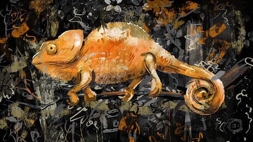 Goudgele kameleon in zwarte jungle