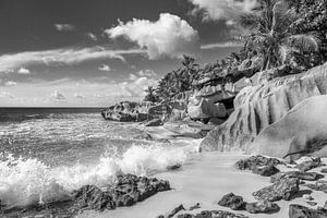 Strand op het eiland La Digue / Seychellen in zwart-wit. van Manfred Voss, Schwarz-weiss Fotografie
