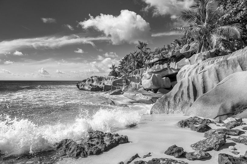 Strand auf der Insel La Digue / Seychellen in schwarzweiss. von Manfred Voss, Schwarz-weiss Fotografie