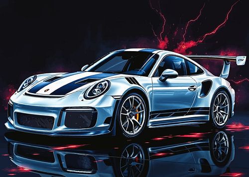 De Porsche 911 GT3 RS Wit met zwarte strepen Reflectie