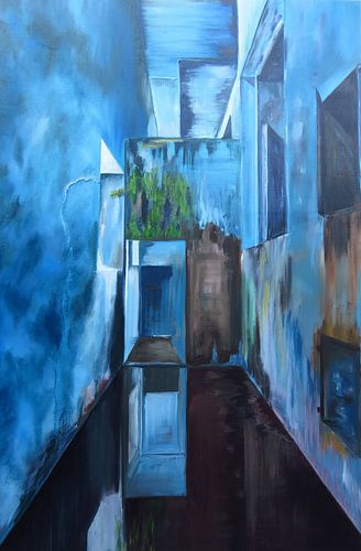 schilderij verlaten gebouw reflectie in water