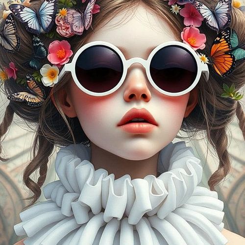 Een fine art portret jong meisje met vlinders bloemen oude meester modern.