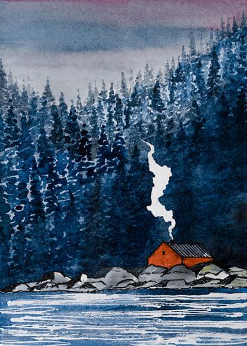 Rotes norwegisches Haus | Küste und Nadelwald | Aquarellmalerei