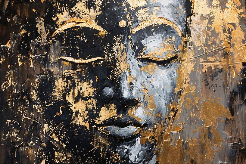 Moderne abstrakte Interpretation von Buddha in Gold und Schwarz von Art & Soul Creations