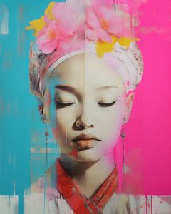 Portrait d'art contemporain coloré dans un style collage sur Carla Van Iersel