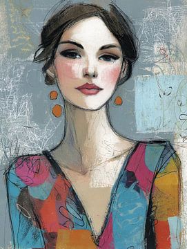 Vrouw met Kleurige Outfit van Abstract Schilderij