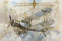 Detailed drawing of a vintage double-decker plane - 