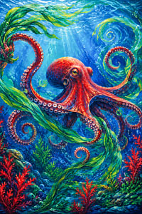Kleurrijke octopus in een magische onderwaterwereld