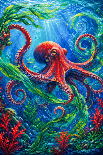 Kleurrijke octopus in een magische onderwaterwereld