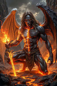 Dark Fantasy Décoration Murale: KAELZOR – Le démon ailé avec son épée en enfer