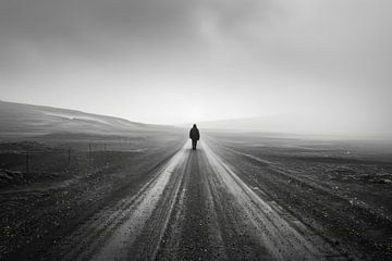Lonely hiker - black and white photograph of an endless road by Poster Art Shop