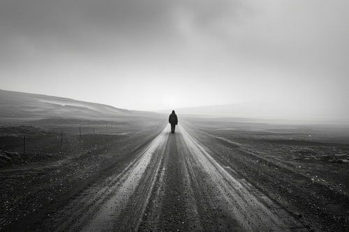 Eenzame wandelaar - zwart-wit foto van een eindeloze weg
