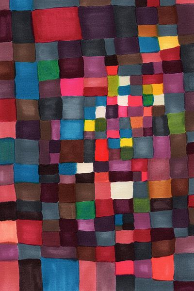 Colorful abstract art in warm brown, pink, green, purple, red and grey by Dina Dankers