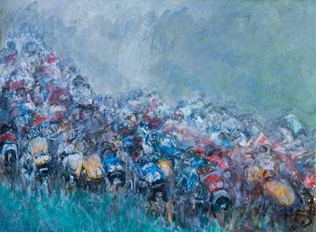 Peloton of cyclists climbing mountain stage Tour de France