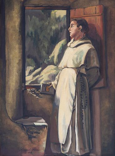 Portret schilderij van een monnik starend door het raam van zijn kloostercel.