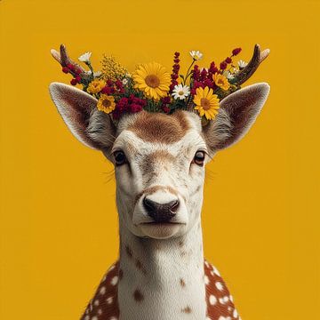 Deer in Bloom on Yellow Background #1