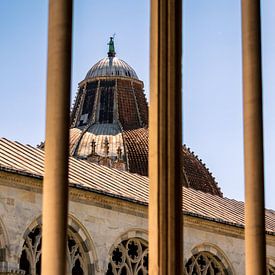 Een Poort naar het Verleden: Koepel van het Baptisterium in Pisa vanuit Camposanto van AVP Stock