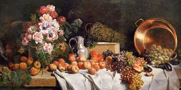 Alfred Petit,Stilleven met bloemen en fruit op een tafel
