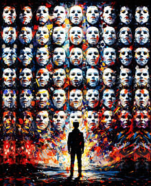 Standing Alone Among Masks – Conformity Symbolic Painting