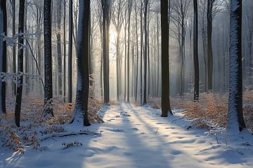 Magisch licht in het winterse bos van fernlichtsicht