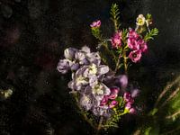 Macrofoto van een boeket bloemen met waterdruppels