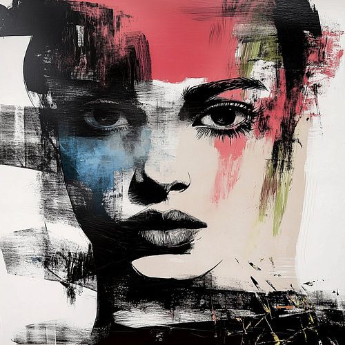 Ombre de couleur ; portrait en noir et blanc d'une belle femme au regard pénétrant, avec des zones rouge-rose, bleues et vertes.