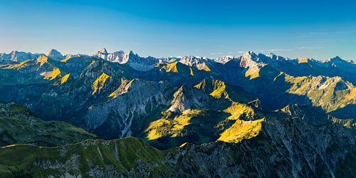 Zonsopgang op de Nebelhorn, 2224m, bergpanorama naar het zuiden in de richting van de Allgäuer Alpen